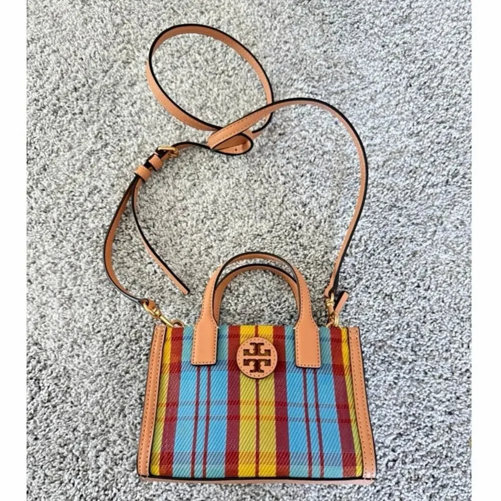 Tory Burch Ella Mini Plaid Top Handle Crossbody Tote Bag Multicolor Leather Trim - Picture 4 of 16
